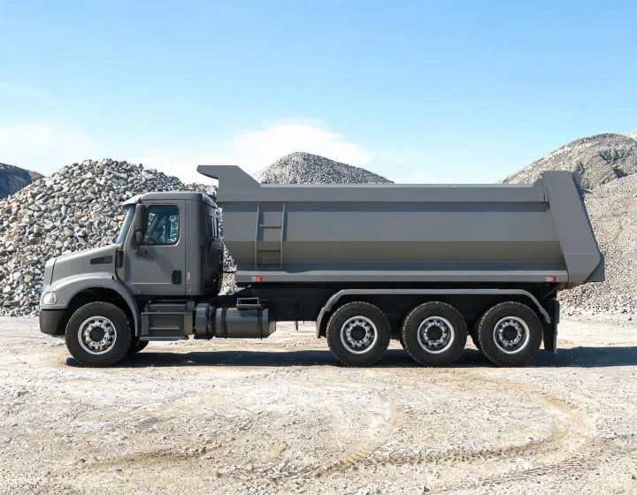 Custom tri axle dump truck at an aggregate loading site