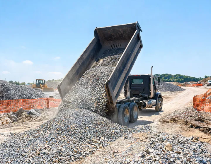 Tri axle dump truck operating across aggregate and construction duty