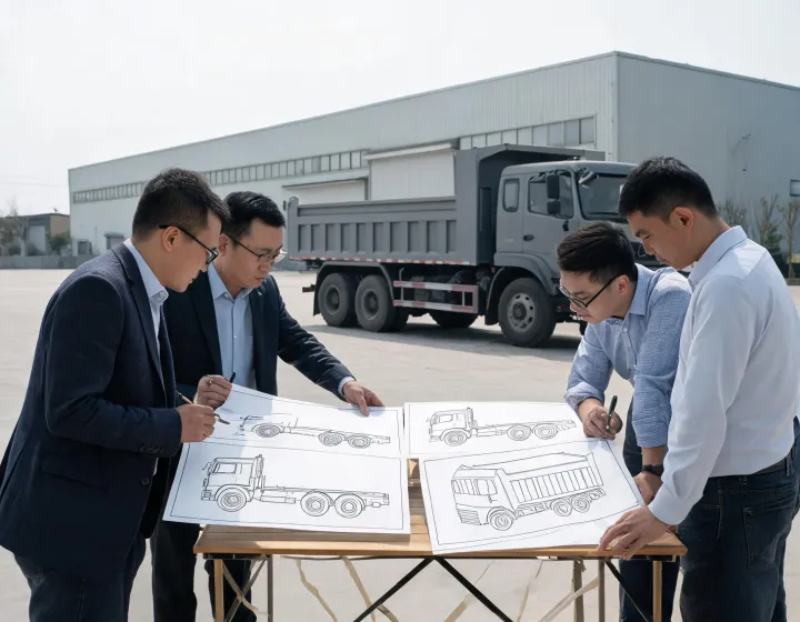 Procurement team reviewing tri axle dump truck specification sheets